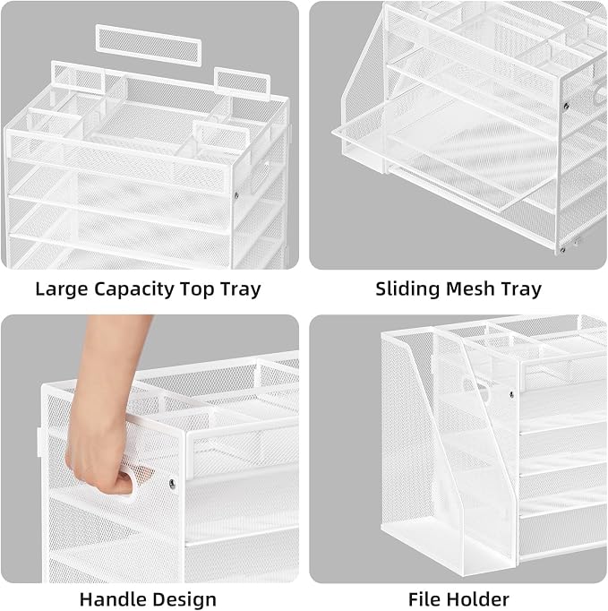 Marbrasse 5-Tier Desk Organizer with File Holder,Paper Letter Tray Organizer,Desktop File Organizer with Adjustable Compartments,Mesh Desk Organizers and Accessories for Office Supplies,White - Image 3