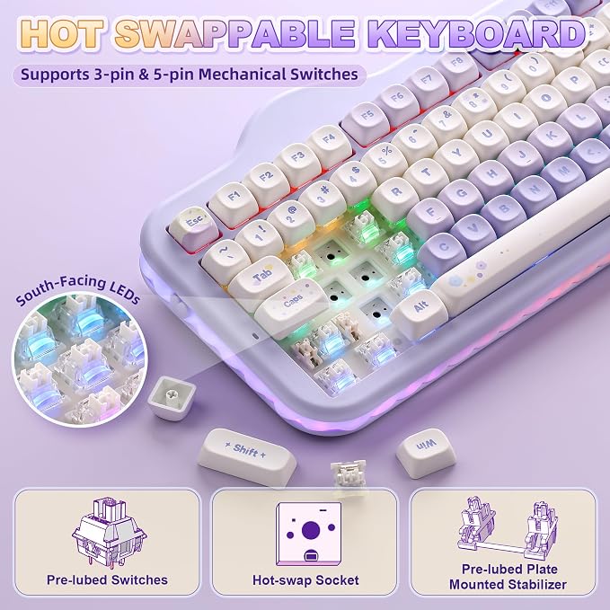 YUNZII C98 Cute Cake Wireless Mechanical Keyboard(Purple, Milk Switch) | 99 Keys with Number Pad, Hot Swap, PBT MOA Keycaps, BT5.0/2.4G/USB-C, Gasket Mount, Custom RGB Backlit for Win/Mac - Image 5