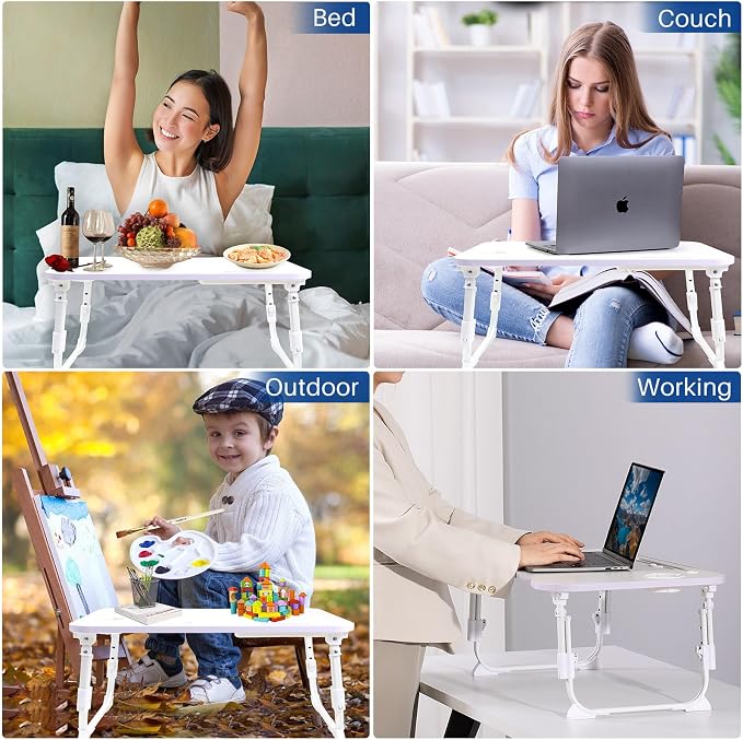 Laptop Desk for Bed, Height Adjustable Laptop Bed Table, Foldable Portable Lap Desk Stand with USB/Storage Drawer/Cup Holder/Slot, Breakfast Tray for Working Reading Writing Eating, White - Image 6