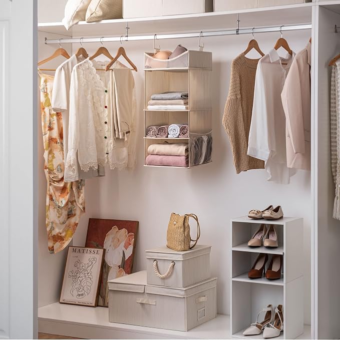 StorageWorks 3-Shelf Hanging Closet Organizer with Half Compartment, Ivory | Add More Storage to Small Closets with 3 Shelves, a Side Pocket and Half Compartment, Ideal for Bedrooms, Dorms and RVs. - Image 2