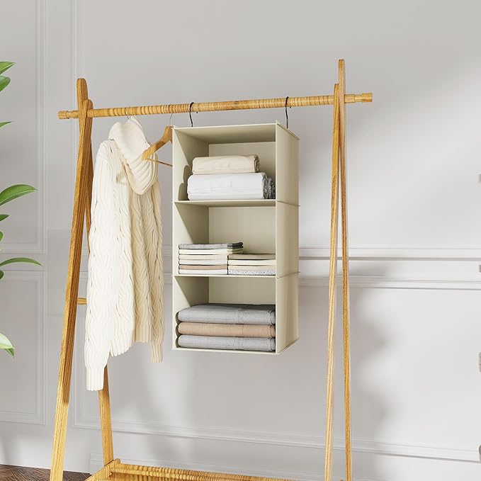 Hanging Closet Organizer 3-Shelf, Oxford Fabric Wardrobe Storage, Beige | Easy-mount foldable design holds clothes, handbags, shoes & accessories; washable Oxford fabric, sturdy and space-saving. - Image 2
