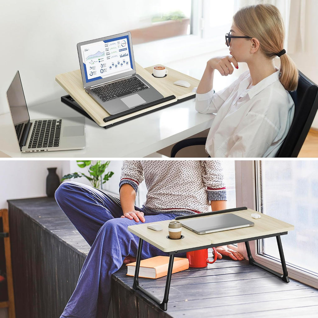 Adjustable & Portable Lap Desk for Laptop - Folding Bed Tray for Eating, Writing, Couch, and Breakfast in Bed. Ideal Laptop Stand and Small Computer Desk for Adults. (White Maple) - Image 2