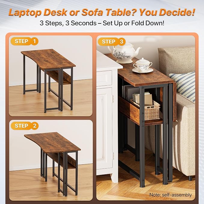 Huuger Folding Desk with Storage Shelf, 39.3 Inch Foldable Computer Table | Writing Work Office Computer Desk for Small Spaces, Space Saving Sofa Table for Couch, Easy to Fold, Rustic Brown - Image 4