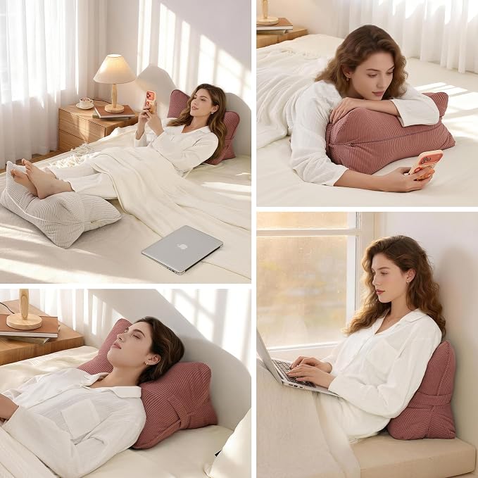 Pat. Pend. Corduroy Back Pillow for Sitting Up & Reading, Ergonomic Triangle Lumbar Support Cushion for Sofa, Armchair & Bed, Removable Cover, Brick Brown - Image 7