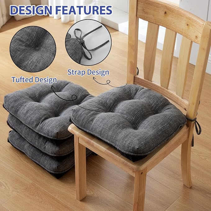 IPYNBAP Chair Cushions Set of 4, 15.5" x 15.5" x 4" Outdoor & Indoor Seat Cushions with Ties, Non Slip, Memory Foam Chair Pads for Dining, Kitchen, Office, Patio Furnitures, Dark Grey - Image 2