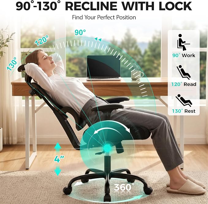 Ergonomic High Back Mesh Office Chair, Lumbar Support (Black) | Smooth 90° to 135° recline for work, read, or rest. Swivel big and tall gaming Chair. Adjustable armrest headrest height. - Image 3