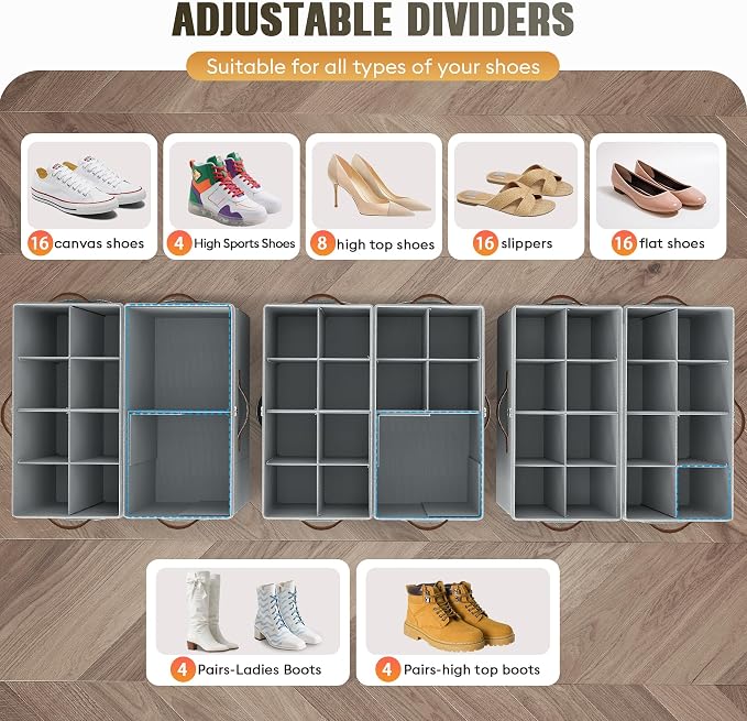 2 Pack Shoe Organizer for Closet, Foldable Shoe Storage with Adjustable | Farbic shoe storage organizer box bin with clear cover, fits up to 16 pairs, shoe storage box for closet, entryway, gray - Image 2