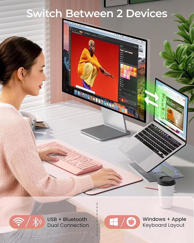 seenda Wireless Bluetooth Ergonomic Keyboard Mouse Combo, Full Size, Pink | USB/Bluetooth multi-device switching, with wrist rest, number pad, and quiet operation for PC, laptop, Mac, MacBook, and iPad - Image 2