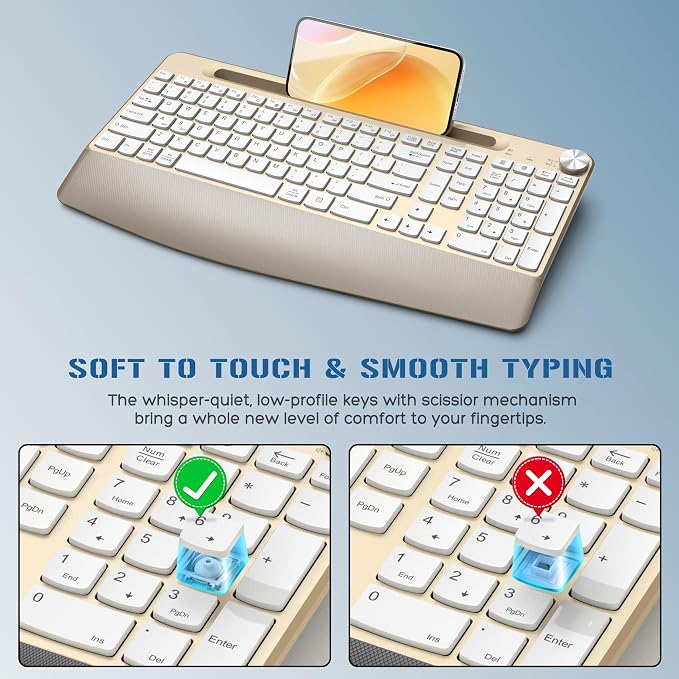 JOYACCESS Ergonomic Wireless Keyboard with Palm Rest & Tilt Angle, 2.4G Full-Size, Comfortable Typing, USB-C Adapter & Phone Holder for Mac/Windows -Gold White - Image 6