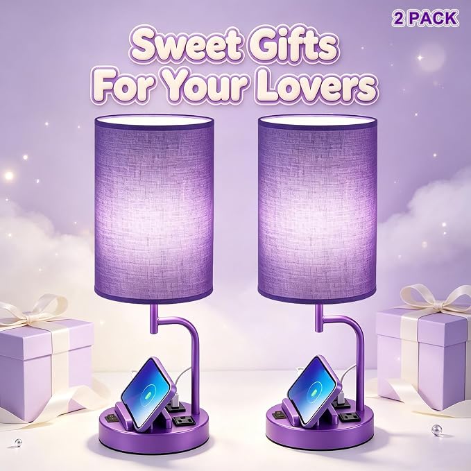 Dreamholder 2 Pack Table Lamp, Bedside Lamp with 3 USB Charging Ports & AC Outlet, USB Desk Lamp with 2 Phone Holders, Linen Fabric Shade Nightstand Lamps for Bedroom Living Room Office, Purple - Image 7