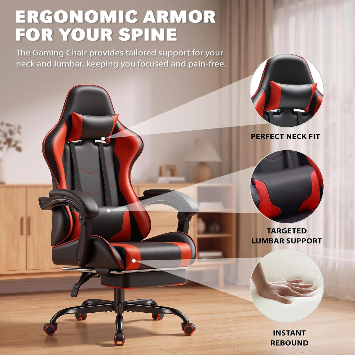 Homall Gaming Chair, Ergonomic, Footrest & Massage Lumbar Support, Red - Image 4