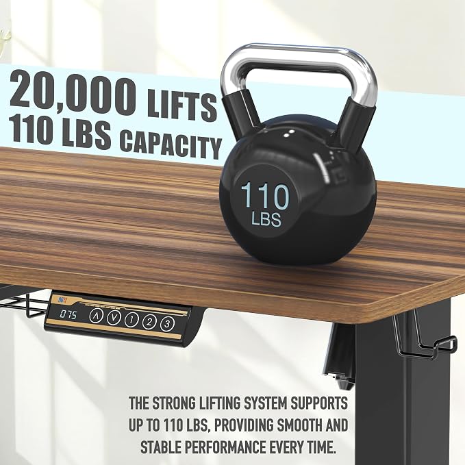 SHW 55 x 28 Electric Height Adjustable Standing Desk w/Drawer, Walnut | w/ Memory Presets and Cable Management | Drawer with adjustable compartments | Hanging Hooks - Image 8