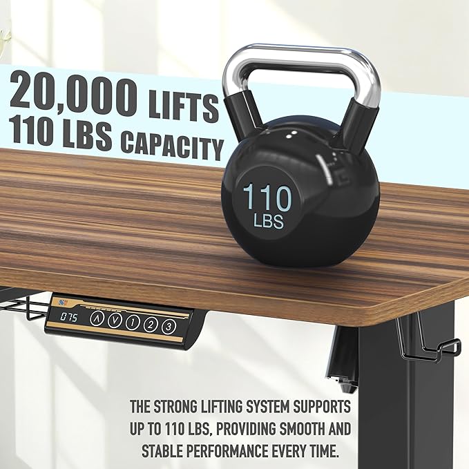 SHW 48-Inch Electric Height Adjustable Standing Desk w/Drawer, Walnut | w/ Memory Presets and Cable Management | Drawer with adjustable compartments | Hanging Hooks - Image 8