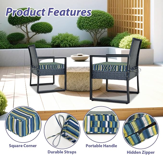IPYNBAP Outdoor Chair Cushions Set of 4 -Waterproof Outdoor Seat Cushions for Patio Furniture, Patio Chair Cushion with Handle and Ties, Out Door Chair Pads,18.5x16x3-Square, Blue Stripe - Image 5