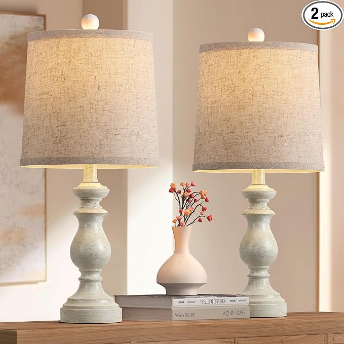 Traditional Table Lamp Set of 2, Rustic Farmhouse Table Lamps for Living Room Bedroom, 22" Bedside Desk Lamps Vintage Nightstand Lamps with Linen Shades, Antique White by PARTPHONER