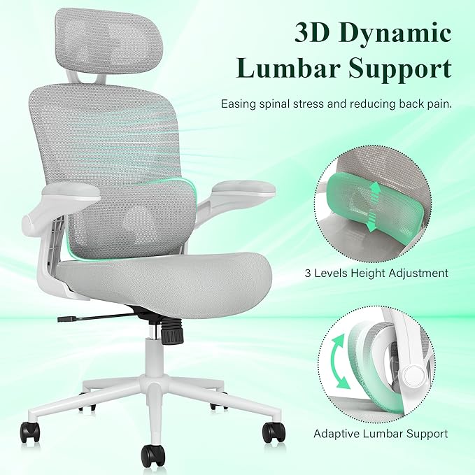 SUNNOW Ergonomic Office Chair, Comfy Mesh Desk Chair, High Back Computer Gaming Chairs with Adjustable Lumbar Support, Flip-Up Arms, Headrest, Tilt Function, Wide Cushion, Swivel Rolling Wheel (Grey) - Image 5