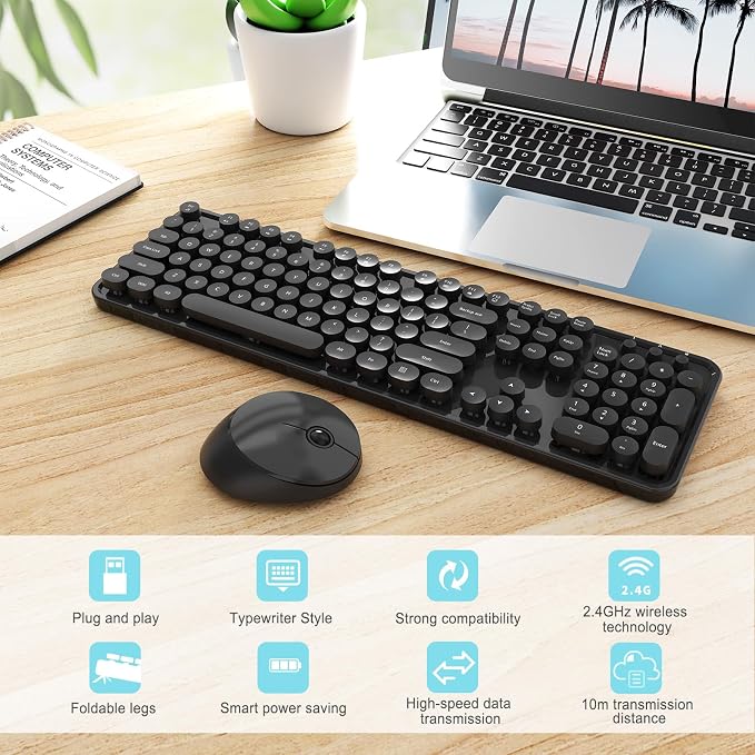 Wireless Keyboard and Mouse Combo, Ergonomic Full Size Typewriter Retro Round Keycaps Keyboard, Compatible with Windows, PC, Perfer for Home and Office Keyboards (Black - Image 3