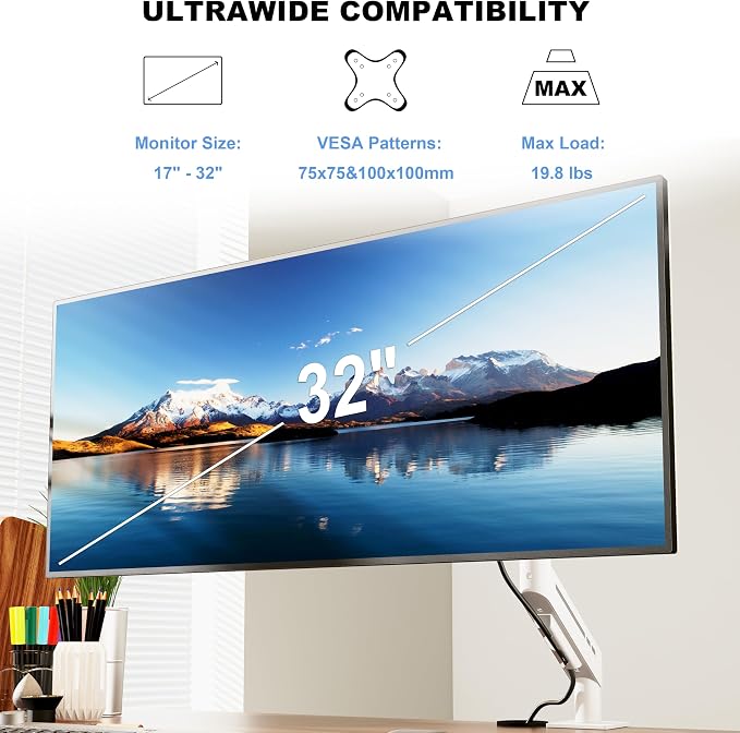 THEARK Single Monitor Desk Mount 17"-32" Screens - Adjustable Mechanical Monitor Arm Computer Monitor Stand up to 19.8 lbs,VESA Arm Desk Mount with C-Clamp and Grommet Base,VESA 75x75/100x100mm,White - Image 2