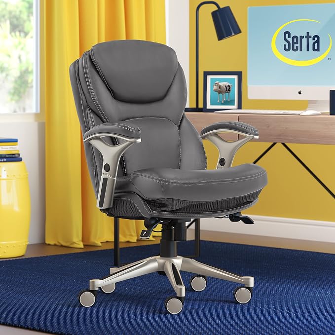 Serta Ergonomic Home Office Chair Pivot Lumbar Support, Leather Desk Chair | Claremont, Adjustable Arms, Height & Tilt, Foam Seat & Headrest Cushion, Work From Home Gaming Chair lower Back Pain, Gray - Image 2