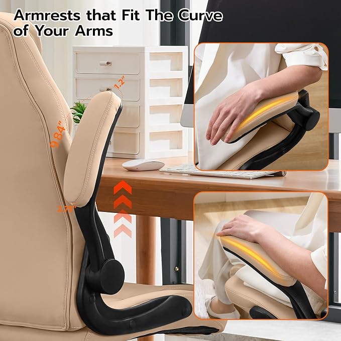 Ylzyxal Office Desk Chair, Ergonomic Computer Chair with Padded Flip-Up Arms and Adjustable Lumbar Support, PU Leather Executive Chair with Tilt Lock and 360° Swivel Rolling Wheels for Work, Study - Image 8
