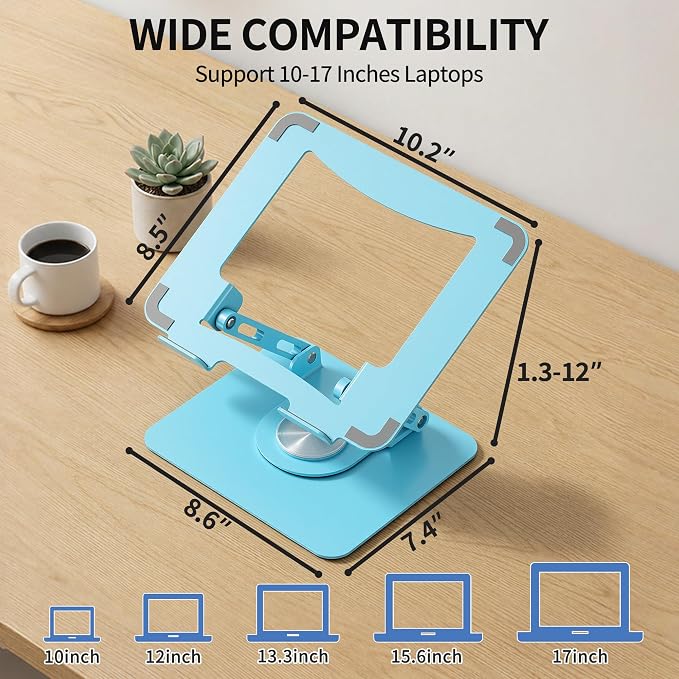SOUNDANCE 360 Rotating Laptop Stand, Ergonomic Computer Riser for Desk, Adjustable Height Multi-Angle Metal Holder, Foldable Portable Notebook Elevating Base for Office & Home, Blue - Image 6