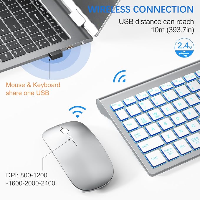 Wireless Backlit Keyboard and Mouse Ultra Slim Combo, TopMate -Silver White | 2.4G Silent Compact 2400DPI Mouse and Scissor Switch Keyboard Set, Batteries Included, for PC/Laptop/Windows/Mac/Gaming - Image 4