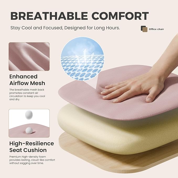 OLIXIS Ergonomic Office Chair, Home Desk Mesh Chairs, Lumbar Support | Height Adjustable, Fixed Armrest, Rocking Mode, 360 Swivel, Storage Back, Computer, Pink - Image 5