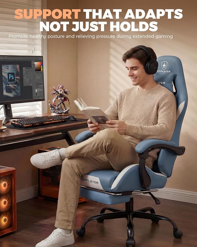 GTPLAYER Gaming Chair with Foot Rest & Pocket Spring Cushion, Ergonomic High Back Computer Desk Chair with Headrest & Lumbar Support for Back Pain Relief, Breathable Fabric, Blue - Image 6
