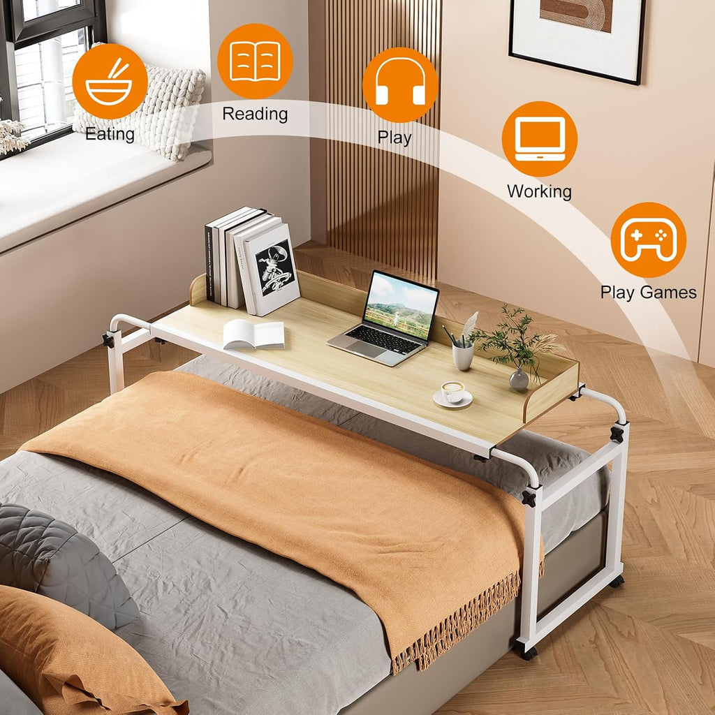 Adjustable Height Overbed Table, Rolling Overbed Bedside Desk with Raised Baffle and Spacious Desktop, Over BedTable with Wheels for Home Office Bedroom Hospital Use (Wooden Color1) - Image 2