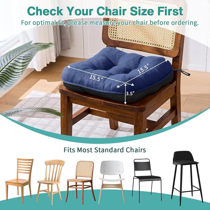 BETU Chair Cushions for Dining Chairs Set of 6,3.5" Thick Outdoor Indoor Chair Pads with Ties,Non Slip Backing and Covers, Seat Cushion for Kitchen Dining,Bar,Patio Furniture15.5"X15.5"X3.5",Navy Blue - Image 5