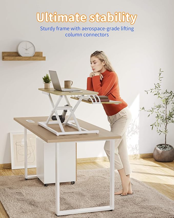 YIHAYO Electric Standing Desk Converter 32 inch, Sit to Stand Up Height Adjustable Desk Riser, Quick Sit to Stand Tabletop Dual Monitor Riser Workstation for Home Office with Keyboard Tray, Natural - Image 4