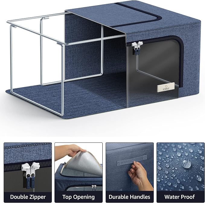 Sorbus Clothes Storage Bins, Clear Window & Handles (4 Pack, Blue) | Large foldable stackable boxes have easy-carry grips for bedding and linens in closets, bedrooms and laundry rooms. - Image 5
