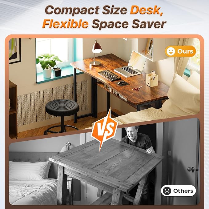 Huuger Folding Desk with Storage Shelf, 47.2 Inch Foldable Computer Table | Writing Work Office Computer Desk for Small Spaces, Space Saving Sofa Table for Couch, Easy to Fold, Rustic Brown - Image 3