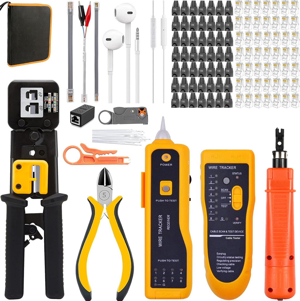 LEATBUY RJ45 Crimp Tool Kit CAT6 Crimper CAT5 Crimping Tool Set, 50PCS Connectors 50PCS Covers Network Ethernet Cutter LAN Cable Tester, Wire Punch Down Cutter Stripper Plier(BLACK) by LEATBUY-TECH