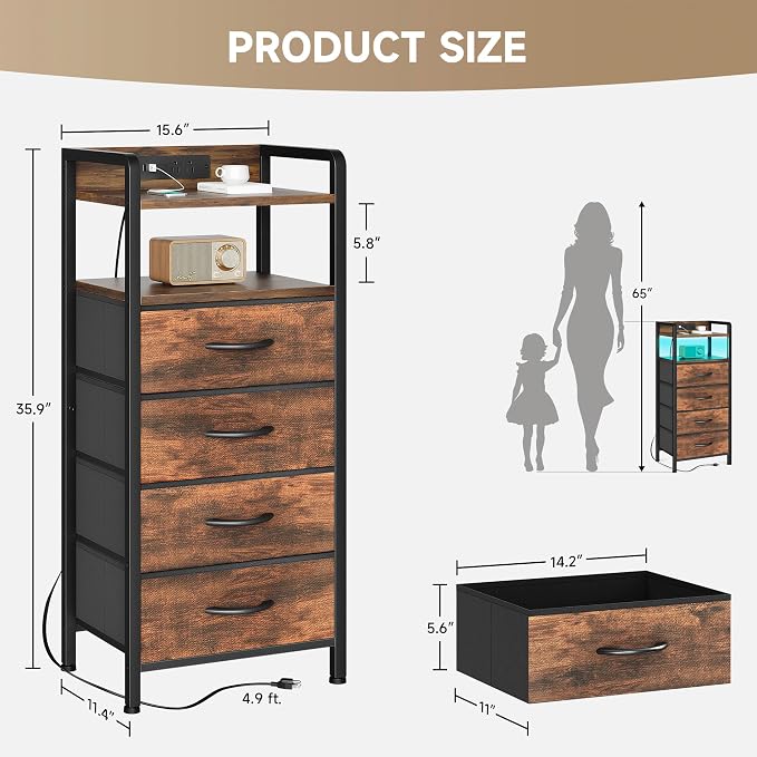 Lazzanto Nightstand with Rear Charging Station, LED Light, 4 Drawers, Brown | Industrial Nightstand, 2 USB-A Ports & AC Outlets, Raised Back Guard, Fabric Storage Drawers, Bedside Table for Bedroom, Dorm - Image 3