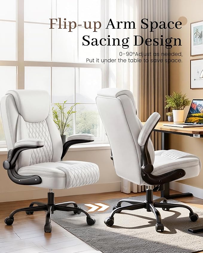 COMHOMA Mid-Back Office Chair, Ergonomic PU Desk Chair with Flip up Arms, Small Computer Gaming with Comfy Lumbar Support,Rocking Function,Sturdy Metal Base, White - Image 4