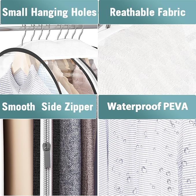 Liuoud Clear Garment Bags for Hanging Clothes 10” Gusseted, 4 Pack, 40”&50” | Suit Bags for Closet Storage with Large Metal Zipper, Breathable odorless Hanging Plastic Clothes Cover for Coat Dress Fur - Image 7