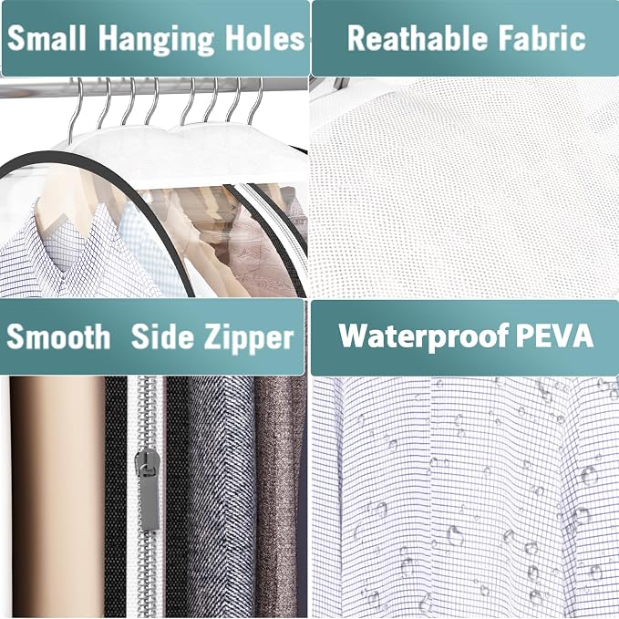 Liuoud Clear Garment Bags for Hanging Clothes 10” Gusseted, 4 Pack, 50” | Suit Bags for Closet Storage with Large Metal Zipper, Breathable odorless Hanging Plastic Clothes Cover for Coat Dress Fur - Image 7