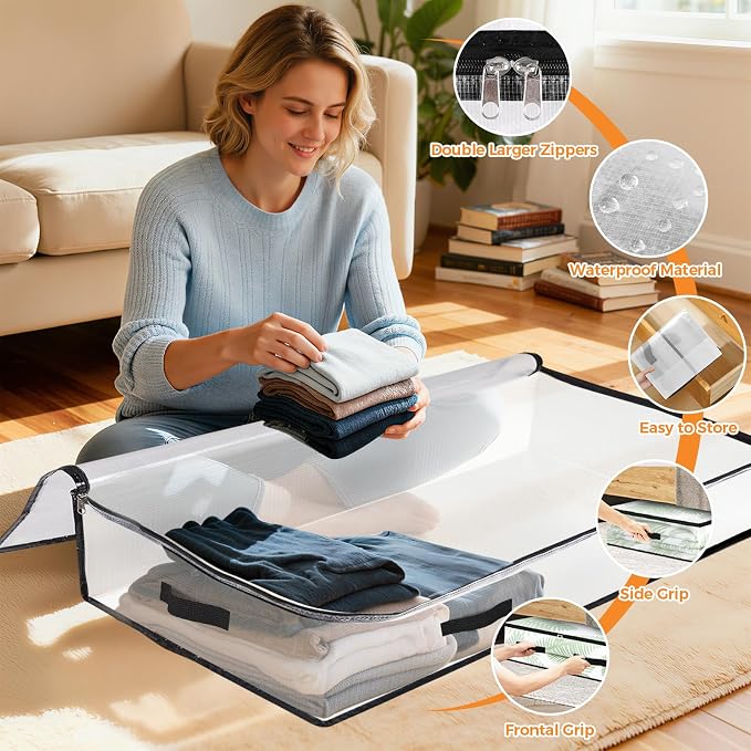 2 Pack Under Bed Storage Bags, 90L Foldable Clear Containers with Handles | Dual Zipper Storage Bins for Comforters, Bedding, Blankets, Closet Organizer for Clothes, Linen Sheets, Sweaters - Image 3
