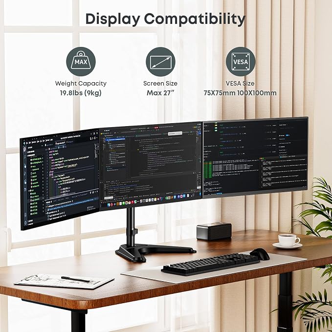 Triple Monitor Stand fits 3 Screens up to 27 Inches, Freestanding | Cable Management, Heavy Duty, Fully Adjustable, Weighted Base, 22 lbs Capacity per Arm, Black - Image 3