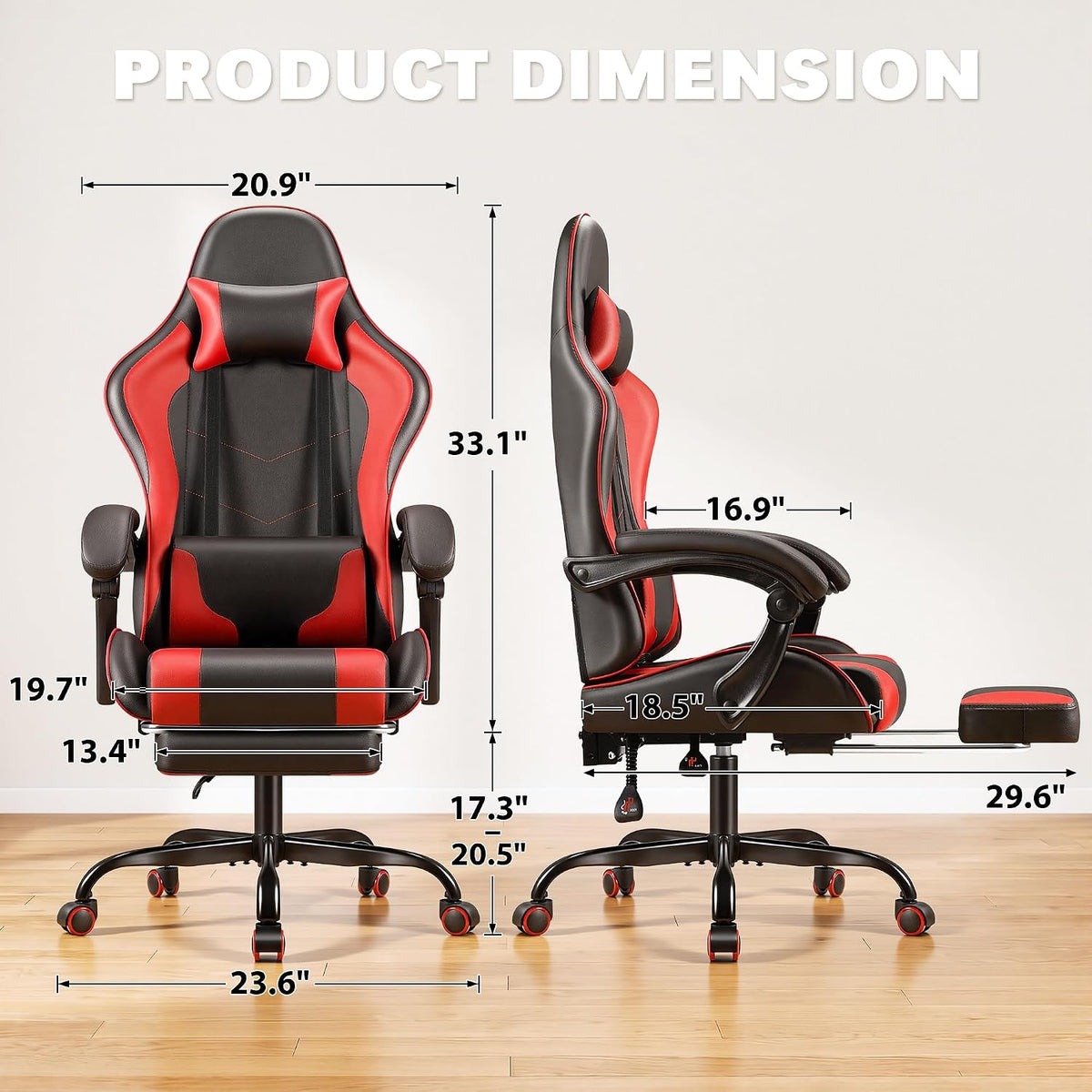Homall Gaming Chair, Ergonomic, Footrest & Massage Lumbar Support, Red - Image 3