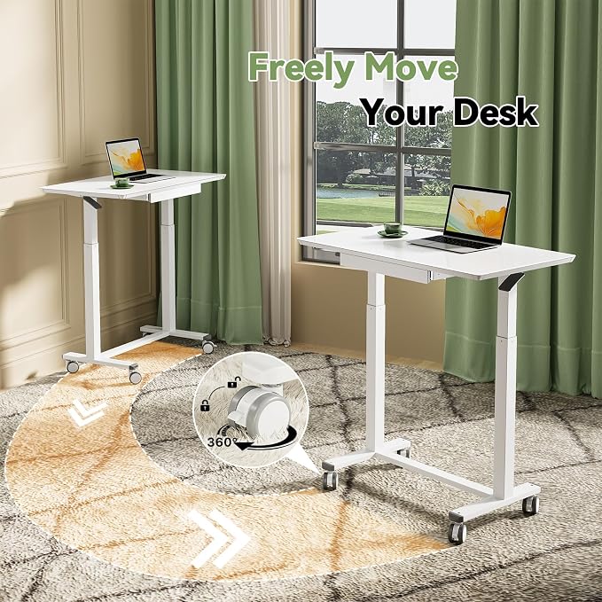 35inch Glass Standing Desk, Height Adjustable with Drawer | Pneumatic Rolling Laptop Desk on Hidden Wheels/Lockable Casters, White Portable Mobile Computer Workstation with Dual Column - Image 6