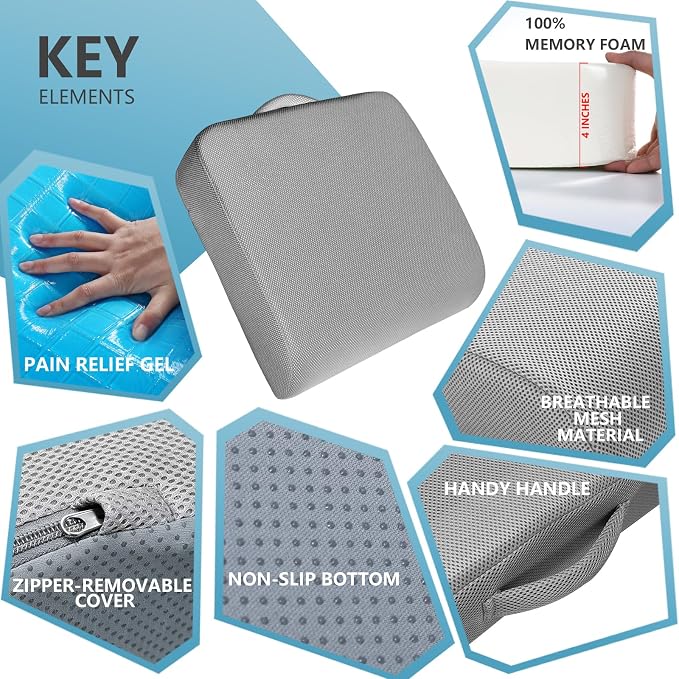 YOUFI Extra Thick Large Seat Cushion, Gel Memory Foam Cushion with Carry Handle Non Slip Bottom, Pain Relief Coccyx Cushion for Wheelchair Office Chair (Gray, 19" x 17.5" x 4") - Image 4
