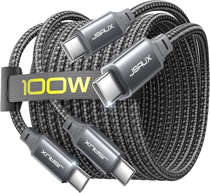 JSAUX 100W USB C to USB C Cable [2-Pack 10FT], PD Fast Charging, Grey | 100 Watt Fast Charger, Braided Type-C Cords for iPhone Air/17e/17/16/15 Series, Galaxy S/Note Series, MacBook and iPad by JSAUX