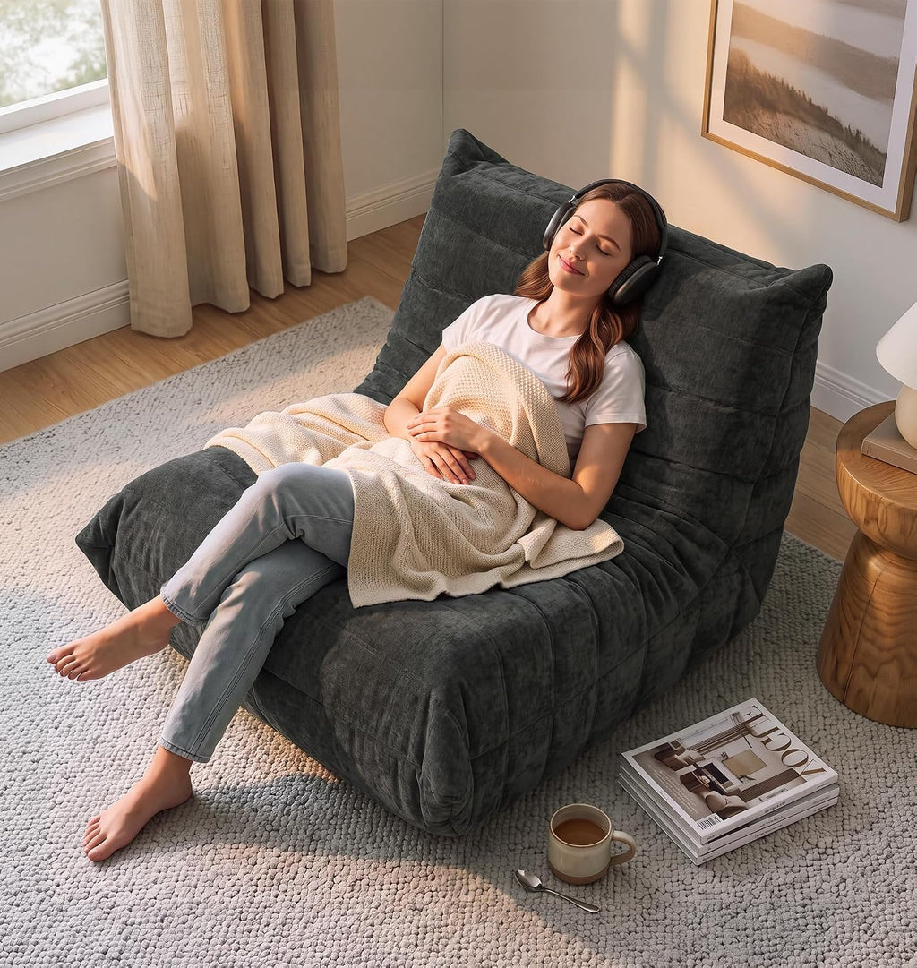 Adults Bean Bag Chair Floor Couch for Bedroom, Grey Chenille - Image 3