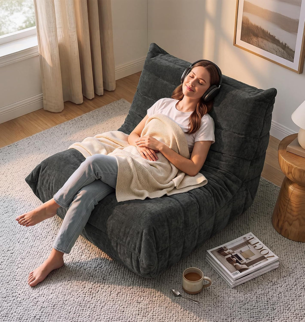 Adults Bean Bag Chair Floor Couch for Bedroom, Grey Chenille - Image 3