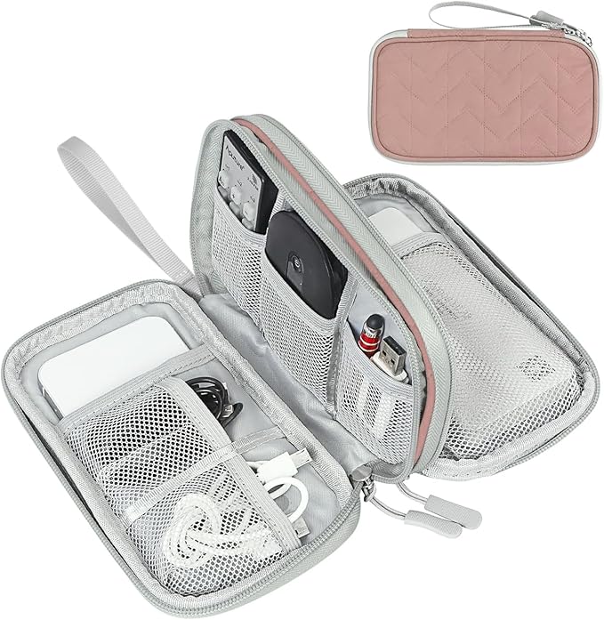 FYY Electronic Organizer, Travel Tech Pouch Bag, Medium, Pink Quilted | Wrist Strap, Waterproof, Double Layers Portable Electronics Travel Carrying Case for Cord, Charger, Daily Business Trips Use by FYY