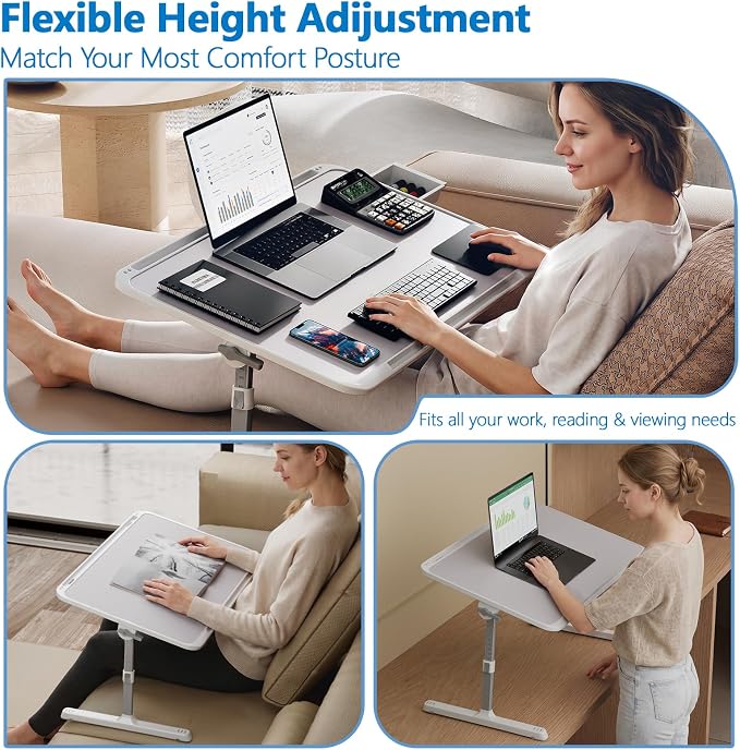 Potuopy Adjustable Lap Desk,Large Smooth Easy-Clean Wood Grain Desktop,Foldable Laptop Bed Tray Table with Storage Drawer,Portable Laptop Stand Fits 17" Laptop for Bed Couch Floor (Light Gray) - Image 8