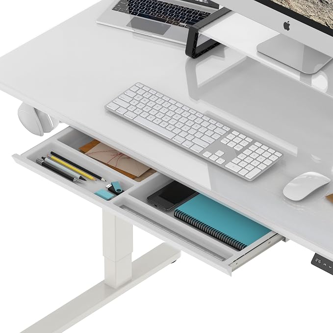 SHW 48-Inch Glass Electric Height Adjustable Standing Desk, White | w/ Monitor Riser | Memory Presets and Cable Management | Drawer with Built-in Compartments | Hanging Hooks - Image 4