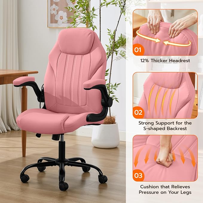 Ylzyxal Office Desk Chair, Ergonomic Computer Chair with Padded Flip-Up Arms and Adjustable Lumbar Support, PU Leather Executive Chair with Tilt Lock and 360° Swivel Rolling Wheels for Work, Study - Image 7